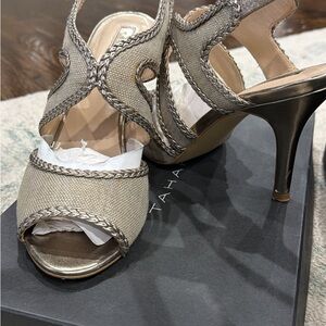 Taupe Braided Strap Heels - TAHARI - Lima low heel | color: Cream/Gold | Size: 8